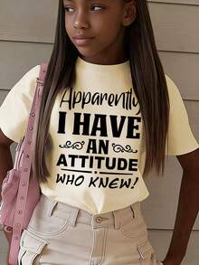 Tween Girls' Slogan Print Round Neck Loose Casual Short Sleeve T-Shirt - Apricot - View 9