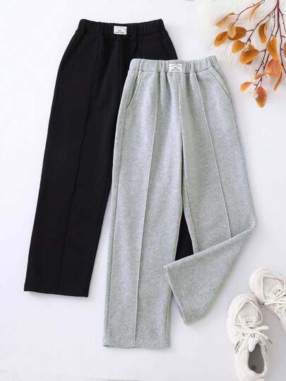 2pcs Tween Girl Casual Thick Thermal Lined Pants Set, Comfortable & Warm Knit Fabric Outdoor Sports Trousers, Straight Leg Loose Fit, Autumn/Winter