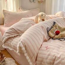 3pcs Soft & Comfortable Linen-Like Fabric Bedding Set (1*Duvet Cover + 2*Pillowcases, Excluding Filler), Featuring Stripe, Bow, Pom-Pom Designs, Suitable For Bedroom, Guest Room, Dorm, Machine Washable - Pink Striped Bow - View 11