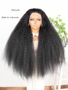 13x4 Lace Yaki Straight Lace Front Human Blended Wig, Double Textured Curly Straight Hair, No Glue Pre Pulled, Natural Black, Deep Split, Elegant Style, Unisex, Can Be Worn Directly Human Blended Hair Wig With Baby Hair Natural Color - Natural & Black - View 3