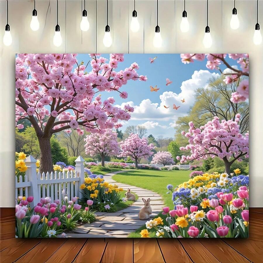 1 pièce canevas de printemps Chemin de Sakura, un sentier de jardin vibrant avec des arbres en fleurs et des papillons, parfait pour le salon, la chambre, le bureau et la décoration extérieure.