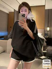 2026春夏新款短袖中长款T恤女装，时尚撞色条纹上衣 - 黑色 - 查看 5