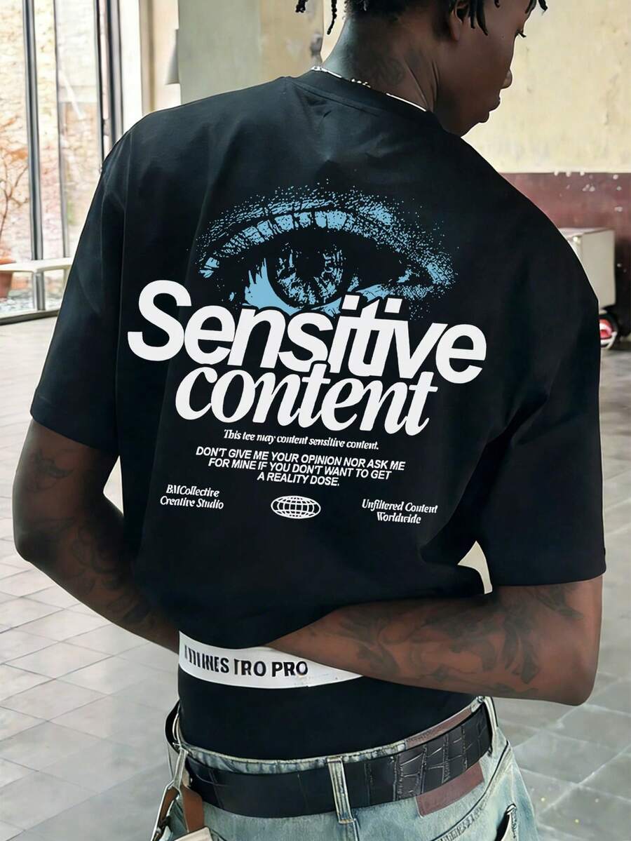 男士夏季时尚简约街头标语印花圆领短袖T恤 | 百搭街头休闲T恤，男友/老公礼物 - 黑色 - 查看 1