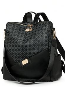 Women's Rhombus Pattern Large Capacity Backpack, Patchwork Commuter Bag, Student Backpack, Mommy Bag - Black - View 5