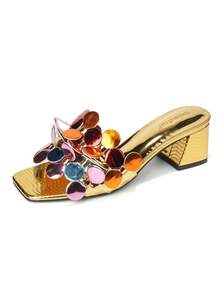 Women's Shiny Gold Sequin Cluster Floral Decor Block Heel 5cm Block Heel Sandals, Summer European And American Style Party Evening Gold Glitter Rhinestone Square Thick Heel Slides - Gold - View 10