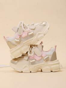 Girls' Fashion Sneakers, Low-Top Mesh Faux Leather, Breathable & Comfortable, Shock-Absorbing Tennis Shoes, Striped & Random Patterns, & Lace Closure, Suitable For Outdoor Activities, All Seasons, Casual & Hiking, Ages 14 & Under - Beige - View 5