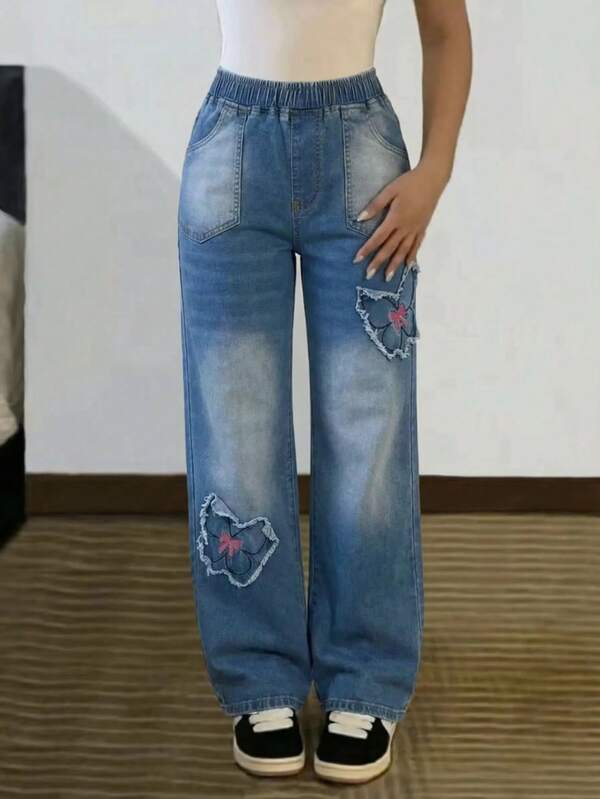 Girls & Teens Retro Embroidered Elastic Flare Leg Jeans