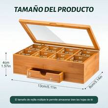 Caja Organizadora para T de Bamb con 8 Compartimentos y Cajn, Caja para t, Cierre Magntico y Ventana Acrlica, para Organizar Bolsitas de T, Hierbas y Joyas8 Cuadrculas - 8 cuadrículas - Ver 3