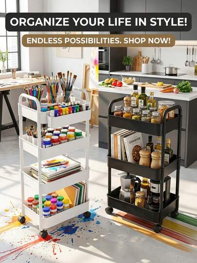 Multi-Tier Rolling Storage Cart - Compact Design Saves Space, Sturdy Plastic Construction, Suitable For Kitchen, Bathroom, Bedroom, Office, Warehouse, Garage - Easy Assembly, Multi-Functional Multi-Tier Shelving, Home Storage Rack