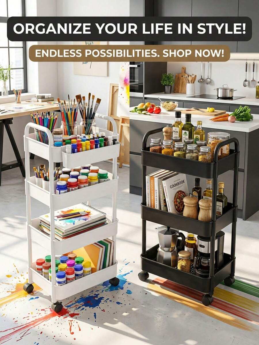 Xe đẩy lưu trữ nhiều tầng - Thiết kế nhỏ gọn tiết kiệm không gian, kết cấu nhựa chắc chắn, phù hợp cho nhà bếp, phòng tắm, phòng ngủ, văn phòng, nhà kho, gara - Lắp ráp dễ dàng, kệ nhiều tầng đa chức năng, giá để đồ gia dụng.