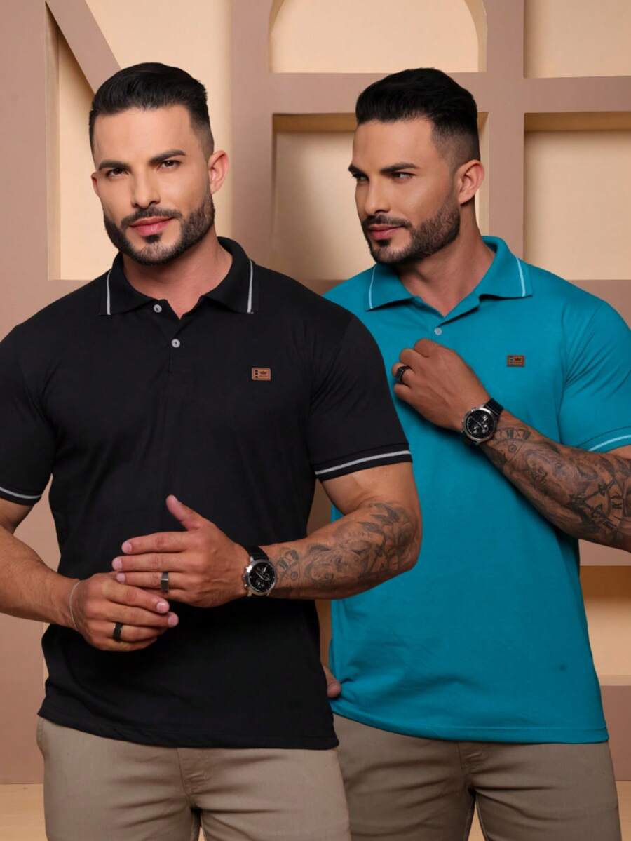 Kit Of 2 High Quality Polo Shirts 100% Cotton Men's Basic T-Shirt Autumn Spring Spring/Autumn Summer Winter All Spring/Summer Autumn/Winter Spring/Summer/Autumn Regular Fit Christmas Thanksgiving Valentine's Day Pride Month Teacher's Day Father's Day Polo Shirt - 黑玉 - 查看 1