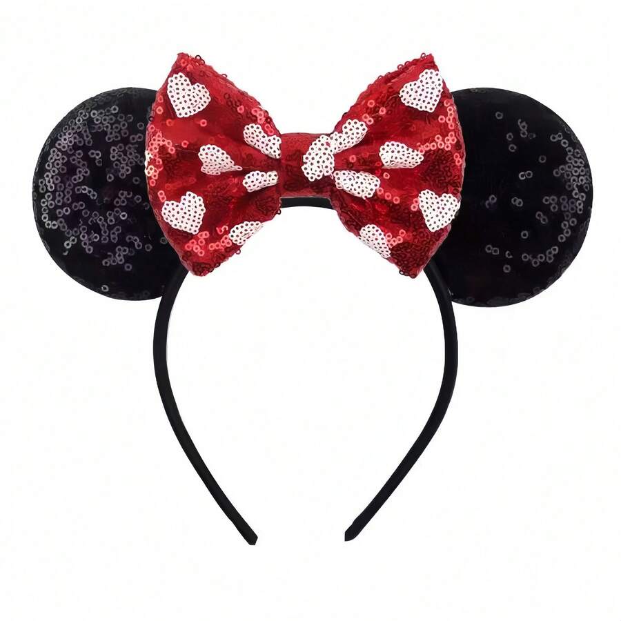 Disney 1pc Shiny Cute Heart Polka Dot Cartoon Mouse Theme Big Ear Sequin Headband, Student Party Costume Ball Role Play Theme Park Decor Hair Accessory - Black and Red Heart Polka Dots - View 1