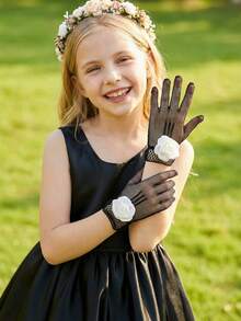 1 双儿童黑白花卉图案弹力网眼手套，适合 4-12 岁儿童 - 1Pair - 查看 5