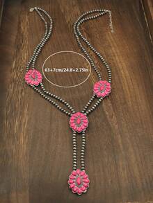 Nueva serie rosa Collar en forma de Y con estilo occidental y margarita, collar de perlas con textura rústica y estilo campestre, joyería de moda para mujeres, collar bohemio ajustable con cuentas rosas y vintage para niñas - Rosa - Ver 5