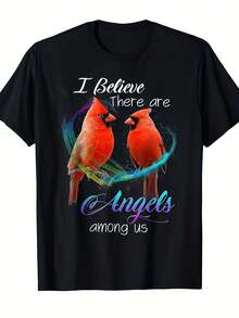 Camiseta Vintage para Hombre con Diseño de Pájaro Cardenal y Ángel - Frase Inspiradora: "Creo que hay ángeles entre nosotros", con cardenales rojos y tonos morados, cómoda camiseta casual de manga corta y cuello redondo para atuendos informales, ajuste cómodo para todas las estaciones. - Multicolor - Ver 8