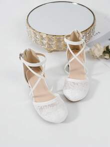 1 Pair New Fashion Elegant Lace High Heels For Plus Size Girls, Comfortable Daily Wear Shoes For Female Students, Suitable For Performance, Ballet, Wedding, Party, Christmas Princess Shoes - White - View 5