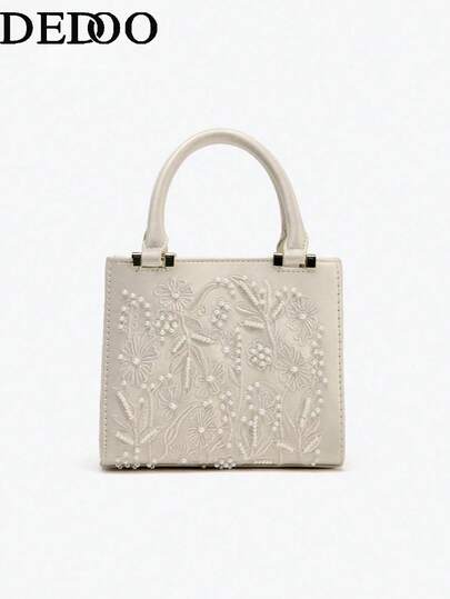 Dedoo 米色迷你手提包，饰有刺绣细节和仿珍珠点缀，配有顶部提手和可拆卸链条肩带，磁扣翻盖，甜美风格，适合购物或正式场合。是送给女性的绝佳礼物。