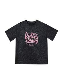 女士圆领短袖T恤，夏季新款字母印花，时尚休闲百搭宽松上衣 - 黑色 - 查看 3