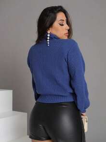 Cropped Knit High Neck Cacharrel Puff Sleeve - Blue - View 4