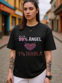 Camiseta de manga corta con estampado de ángel y diabla mexicana para mujer 2026 |   Playeras casuales para playa y eventos |    2026 Nueva colección: Camiseta de mujer de algodón con estampado 99% Ángel 1% Diabla con purpurina |   Camiseta de manga corta para regalo | - Negro - Ver 1