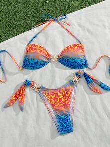 女士时尚两件式比基尼套装，星形装饰和豹纹印花高弹力沙滩装 - 藍紅色 - 查看 4