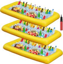 3 barras inflables de 52 x 24 x 5 pulgadas, bandeja de servicio para bufé de hielo, enfriador de bebidas con tapón de drenaje, barra de piscina inflable para fiestas, alimentos y bebidas con - Amarillo - Ver 3
