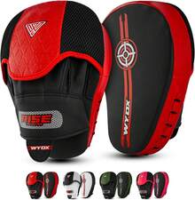 Guantes de Boxeo, Manoplas Curvas para Entrenamiento de precisión, Cuero sintético de Primera Calidad para Golpes Rectos y Ganchos, Correa Ajustable y ventilada, Ideales para Muay Thai. - Rojo y negro - Ver 2