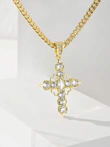 1件欧美经典铜镶嵌锆石十字架吊坠项链，限量版嘻哈风格守护之光，适合作为圣诞节/感恩节/万圣节/母亲节/情人节礼物送给情侣/朋友/教父母，也适合天主教初领圣体、日常及节日佩戴祈祷。 - 金黃色 - 查看 4