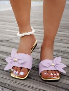 New Arrival Women's Sandals, Flat Square Toe Design With Bow Accent, Lightweight & Comfortable, Mix-And-Match , Slip-On, Casual Vacation Beach Slippers - Mauve Purple - View 5