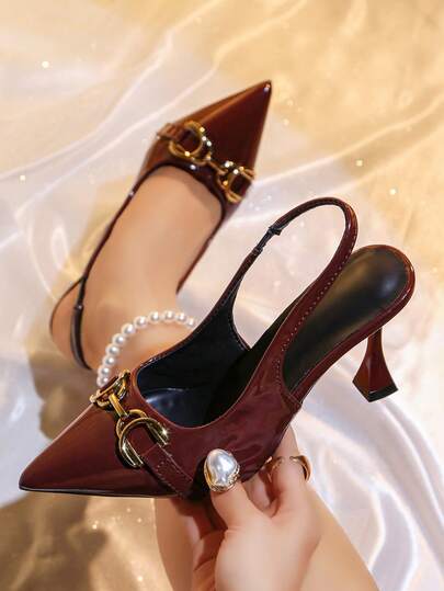 Women's Burgundy Red Slingback High Heel Sandals, Spring/Summer | Leather Craftsmanship, Metal Buckle & Pearl Decor, Pointed Toe Low Heel, Elegant Retro Style, Suitable For Dates, Cocktail Parties, Weddings, Valentine's Day