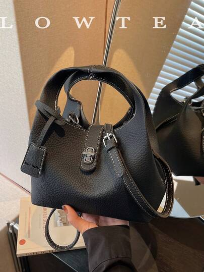  1pc Low Tea Solid Color PU Leather Handbag, Women's Retro Crescent Shaped Tote Bag, Top Handle Design, Twist Lock Closure, Detachable & Adjustable Shoulder Strap, Suitable For Travel, Shopping, Dating, Women's Gift, Great For Commuting, Outdoor, Travel, Hiking