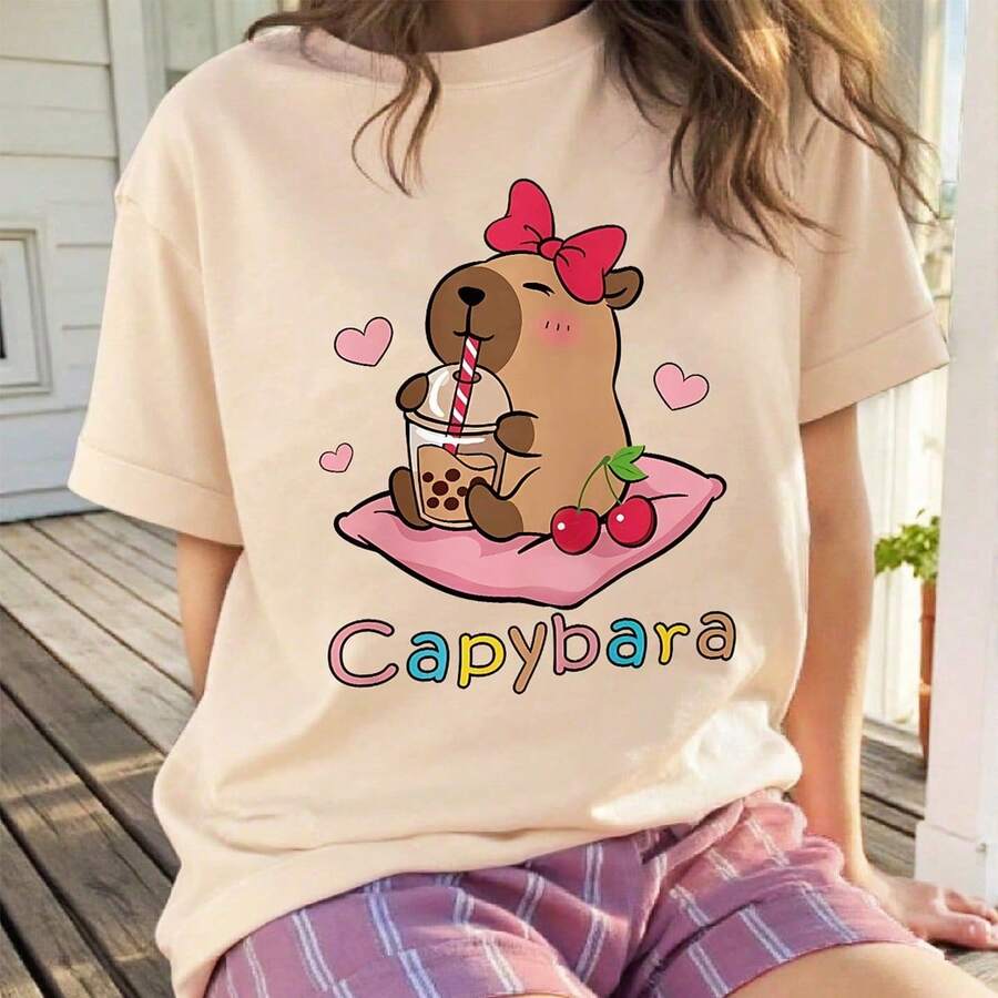 Cute Cartoon Capybara Print, Adorable Bow Anime Print, Girls Casual Short Sleeve T-Shirt, Suitable For Summer Wear - Apricot - View 1