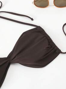 Bộ bikini nữ màu nâu đậm trơn, gợi cảm, có dây buộc phía sau, thích hợp cho kỳ nghỉ biển. - màu nâu - Xem 4