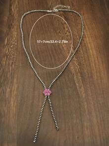 Nueva serie rosa Collar en forma de Y con estilo occidental y margarita, collar de perlas con textura rústica y estilo campestre, joyería de moda para mujeres, collar bohemio ajustable con cuentas rosas y vintage para niñas - Rosa - Ver 6