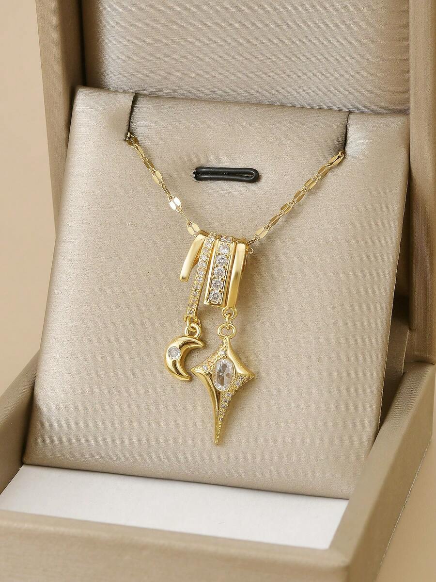 时尚立方氧化锆月亮和四角星不锈钢项链，女士金项链，黄金首饰，女士珠宝，夏季，海滩，情人节，狂欢节，生日礼物，送给爱人的礼物 - 月亮四芒星 - 查看 1