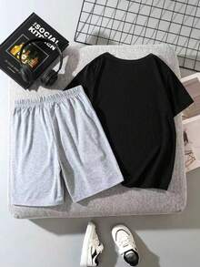 两件套男童字母印花套装，舒适面料，夏季游戏派对风格 - 黑色 - 查看 2