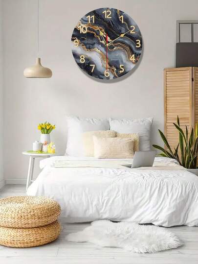 1pc Fantasy Theme Wooden Wall Clock, Black Gold Marble Texture Pattern, Silent Operation, Suitable For Living Room, Modern Office Decor, Elegant Business Gift, Battery Operated (AA Battery Not Included)