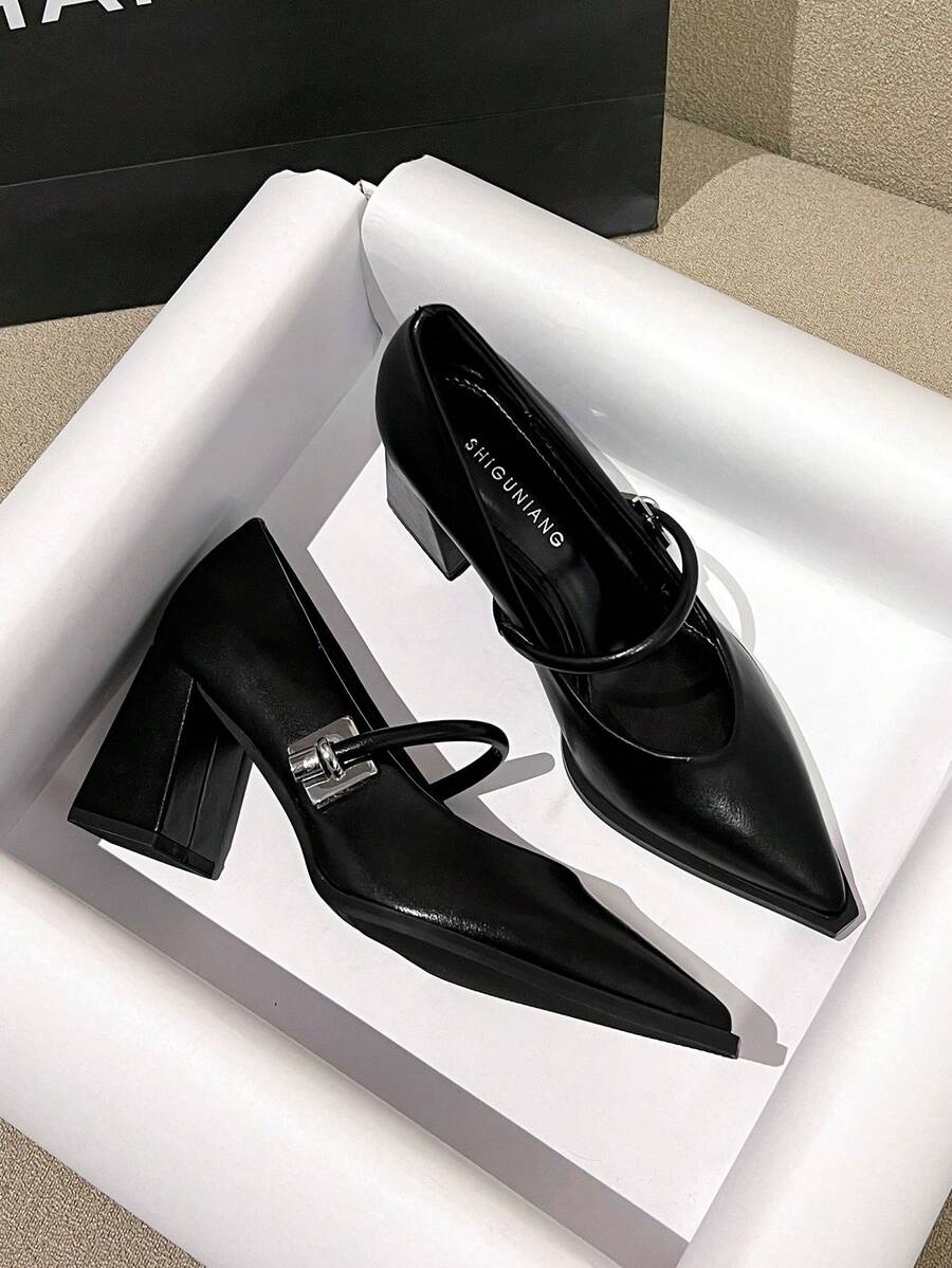 Women's Fashion 2025 Spring New High Heel Shoes, Casual Solid Color Beige, Black, Brown Pointed Toe Metal Decor Elegant Minimalist Chunky Heel Loafers - Black - View 1