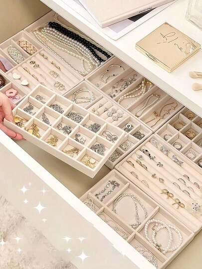 5pcs Beige Jewelry Tray Set, Stackable Jewelry Storage Box, Velvet Jewelry Display Tray, Drawer Jewelry Box, Multi-Layer Large Capacity Jewelry Organizer, Assorted Sizes, Detachable, Suitable For Necklaces, Earrings, Rings, Lipsticks, Nail Polish, Accessories, Watches, Bracelets, Home Decor, Suitable For Vanity, Makeup Desk, Jewelry Display, Bedroom Drawer