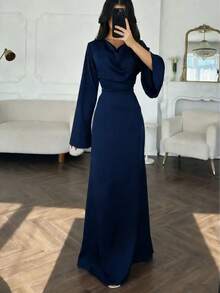 Elegant Women's Burgundy High Neck Long Dress With Flared Sleeves And A-Line Skirt, Suitable For Party Wear Spring - Royal Blue - View 2