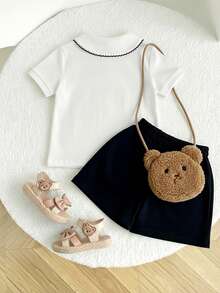 2pcs/Set Toddler Girls' School Style Bear Print Polo Collar Short Sleeve T-Shirt And Black Shorts Set - White - View 2