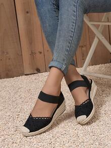 Breathable Rope Wedge Sandals With Closed Toe Design, Fashionable And Lightweight - Black - View 5