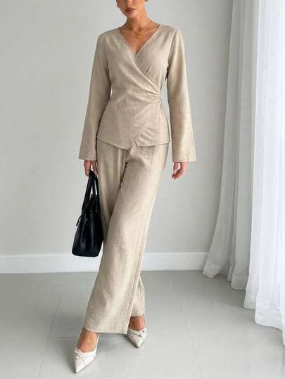 Women's Solid Back Tie Wrap V-Neck Flared Long Sleeves Two Pieces Set - Fit For Summer Elegant Looks, Casual & Valentine's Day Date Spring