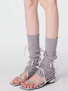 1双蓝色蝴蝶结芭蕾舞风格细款踝部腿套，Y2K洛丽塔风格，适合春夏穿着 - 灰色 - 查看 4