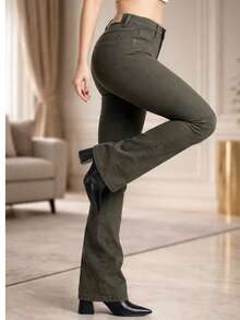 Sawary Women's Flare Bell-Bottom Jeans, Original, High Waist, Lycra Elastane, Comfortable, Green - màu xanh lá - Xem 1