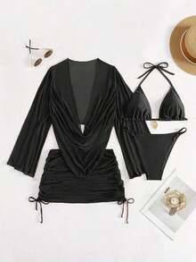 4pcs Sexy Solid Color Bikini Set With Sheer Cover-Up, Suitable For Vacation, Beach Party, Also Ideal For New Year And Valentine's Day, Exuding Elegance And Avant-Garde, Perfect Choice For Casual Women In Spring/Summer - 黑色 - 查看 12