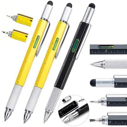 6-In-1 Multifunctional Touchscreen Stylus Pen, All-In-One Technical Tool Pen With Flathead & Screwdriver, Ballpoint Pen, Stylus, Ruler, Level, Convenient Tool Kit, Great Gift For Men