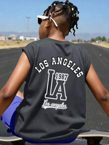 Boys' Los Angeles Graphic Tank Top - LA 1987 Varsity Print Retro Streetwear Loose Sleeveless Summer Daily Hangout Top - Dark Grey - View 7