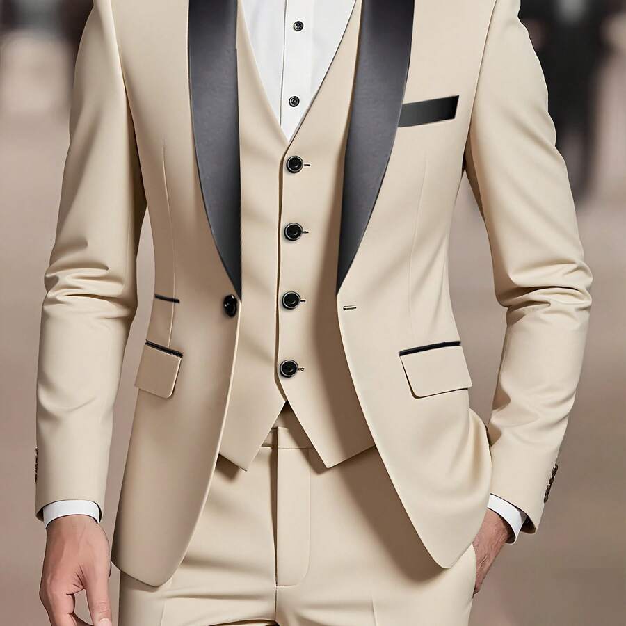 3pcs Men'S Suit Set | Elegant And Fashionable, Ideal For Weddings, Business, And Parties, Includes Blazer, Vest, And Pants - Màu be - Xem 1