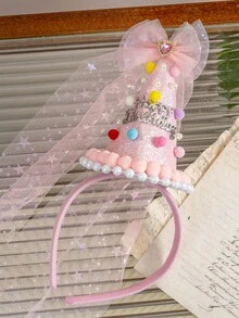 1pc Girls' Party Birthday Hat, Colorful Cake Hat With Letter, Tulle Bow, Candy Birthday Hair Accessory, Suitable For Birthday Party - Multicolor - View 3